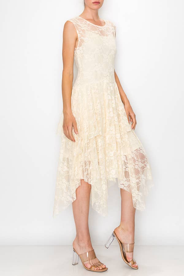 Whimsical Sleeveless Lace Midi Dress With Unattached Slip - Beige