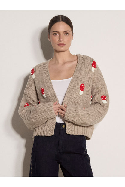 Mushroom Hand Knit Open Cardigan