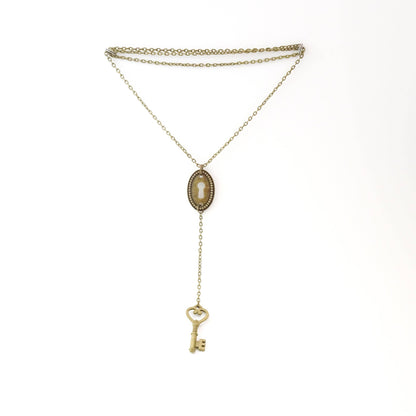 Key & Keyhole Necklace | Long Y Necklace |  Bronze