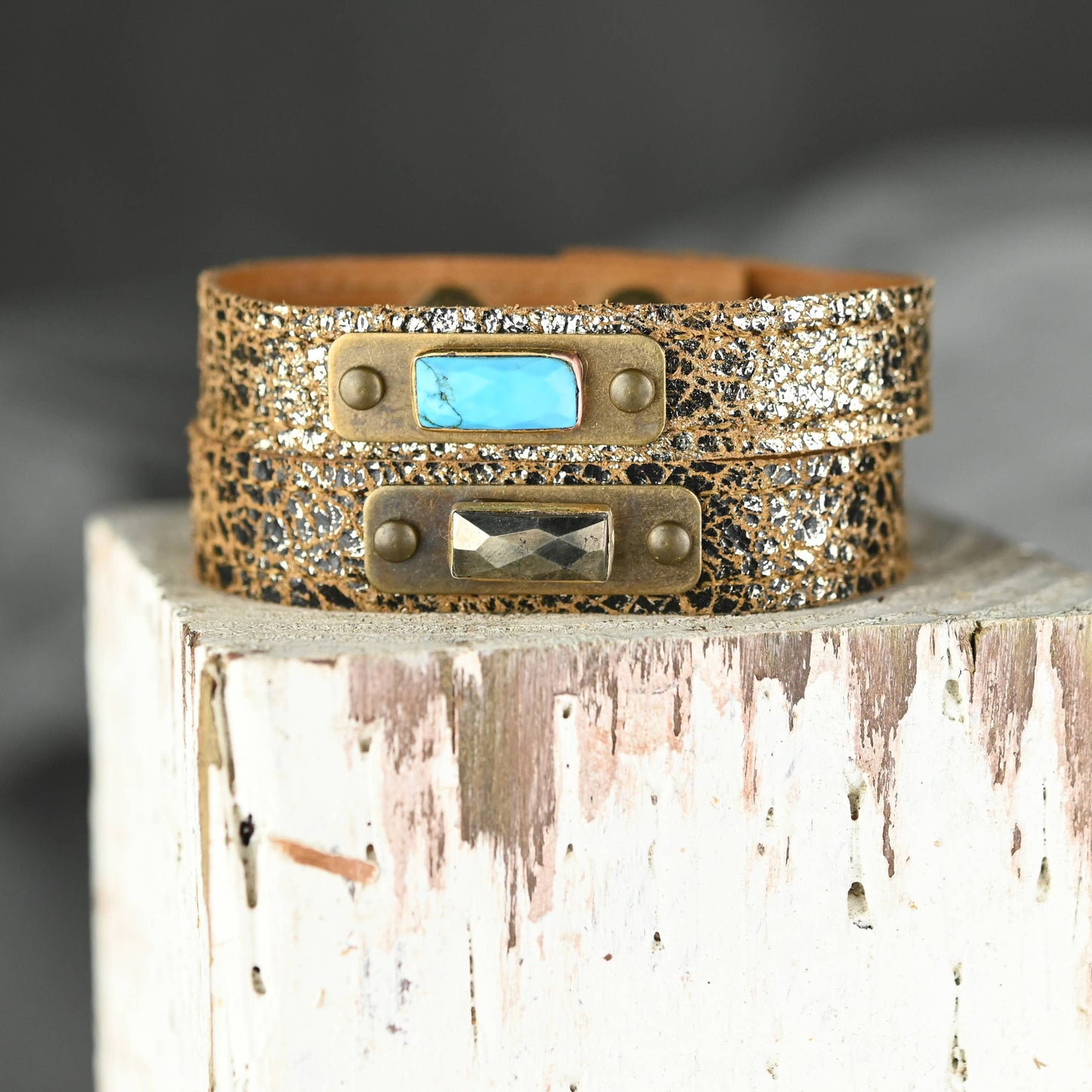 Leather Stacker Gold Sparkle Cuff w/ Semi Precious- Turquoise Howlite