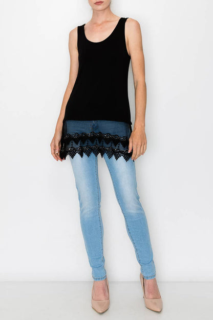 TANK TOP TRIMMED WITH SPARKLY LACE - BLACK