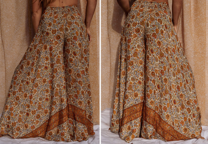 Hippie Boho Silk Bell Bottom Flare Pants, Palazzo Pants - Cream/Orange Flowers