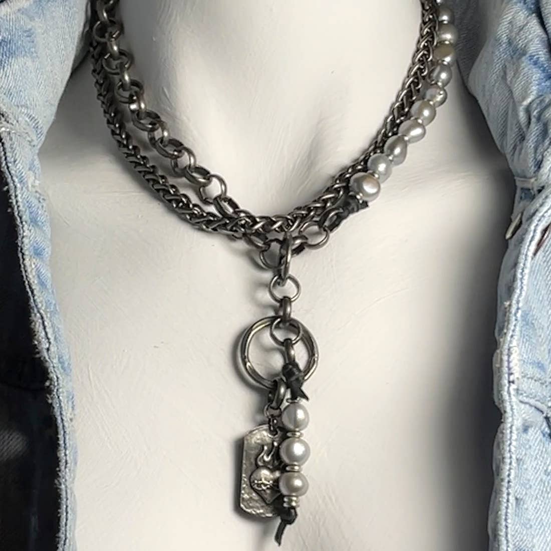 COCO Baroque Pearls Mixed Metals Opera Necklace or Choker - Gunmetal with Pewter Heart Tassel