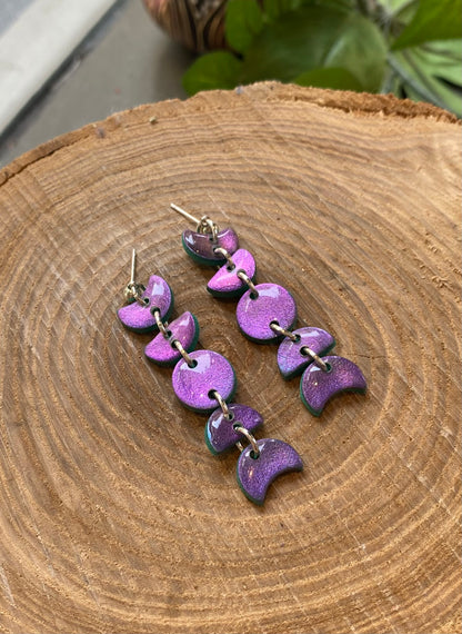 Small Moon Phase Dangles - Green/Purple Iridescent *E08
