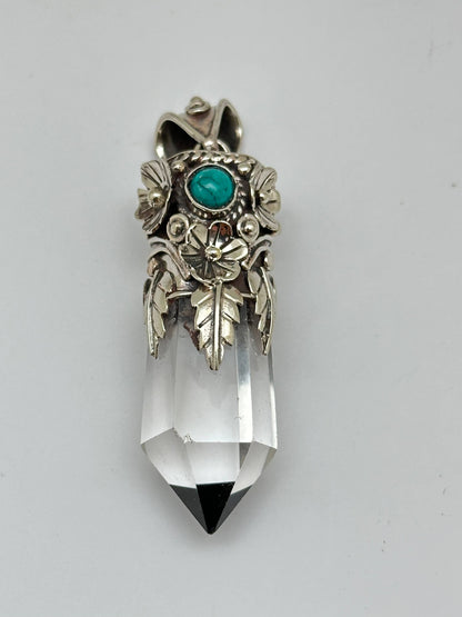 Point pendant, Quartz crystal, white metal - Turquoise
