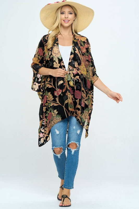 Floral Print Velvet Kimono