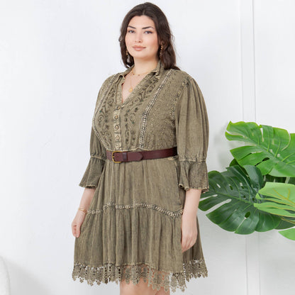 Stone-Washed Baby Doll Dress with V-Neck - GRAVEL