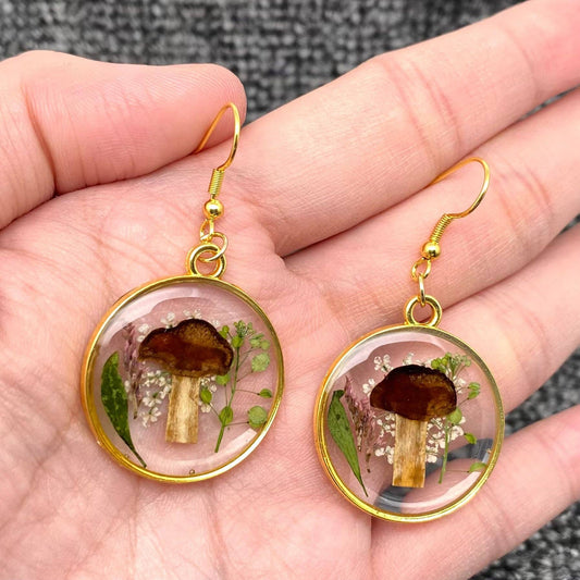 Dried Flowers & Mushroom Round Dangle Earrings