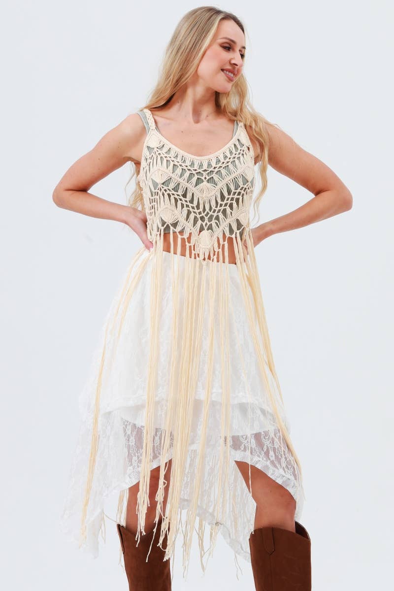 Tassel Fringe Crochet Tops - Natural ( one size )