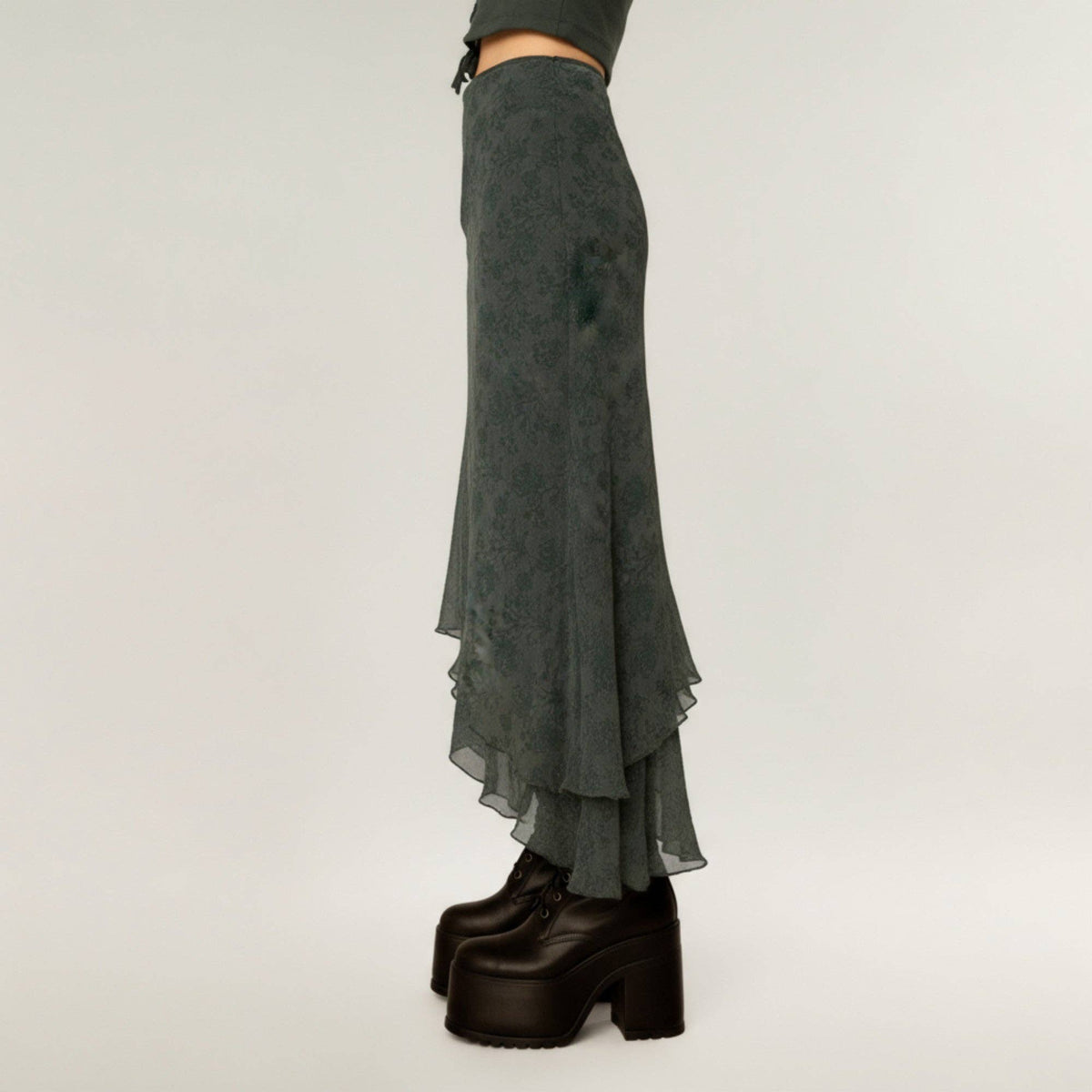 Asymmetrical Midi Skirt with Layered Chiffon- Olive Green
