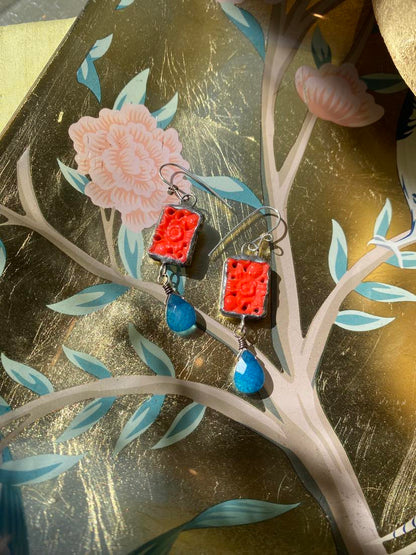 Vintage Coral Carved Glass Earrings* E215