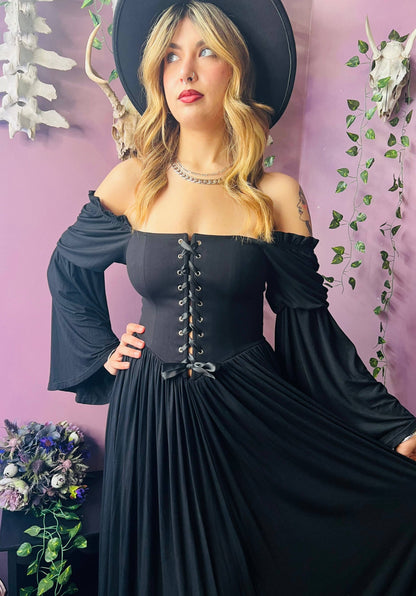 Lilith - Cottage Goth Lace Up Jersey Dress