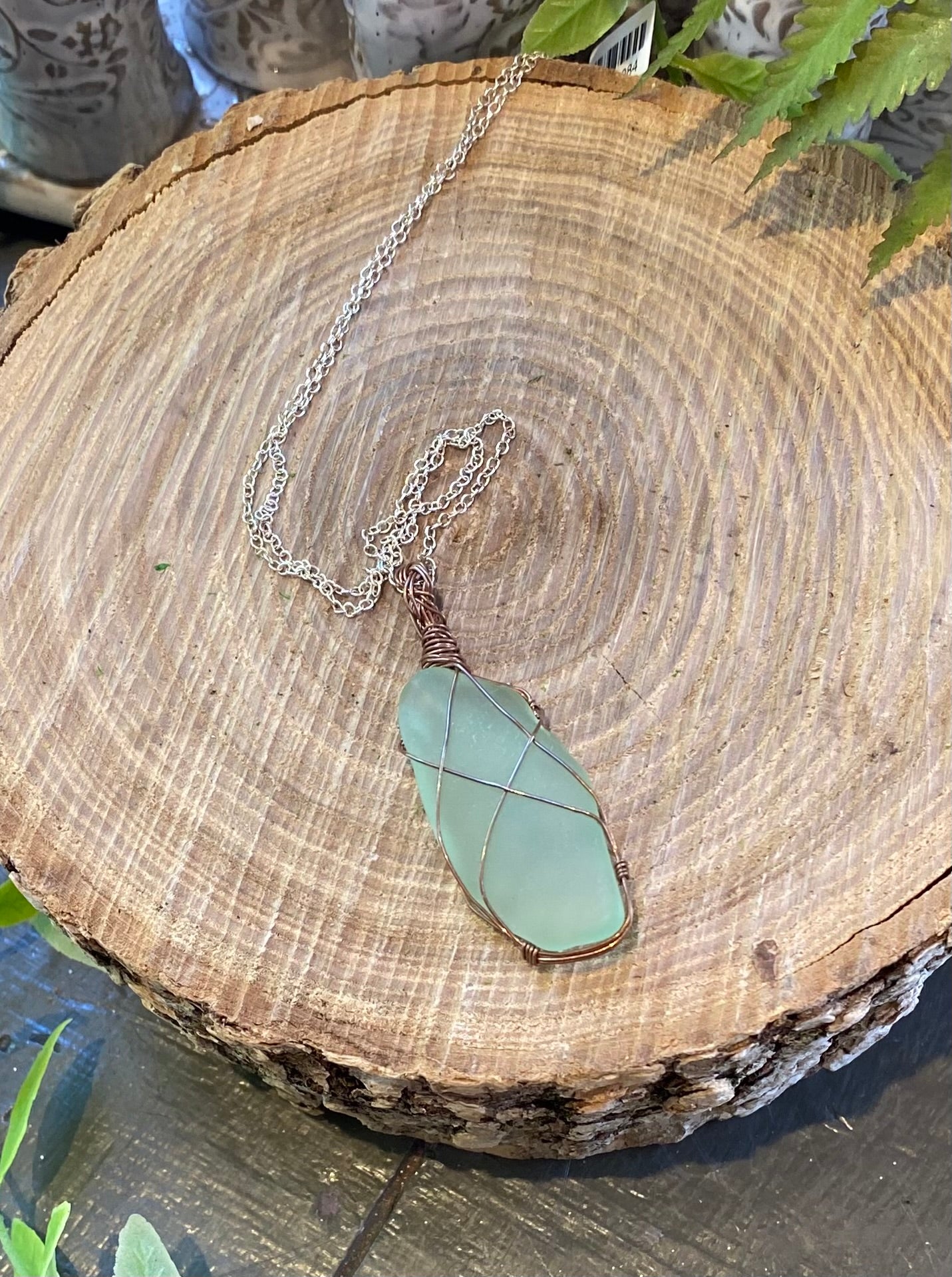 Bronze/Copper Wrapped Uranium Glass Necklace #IV115