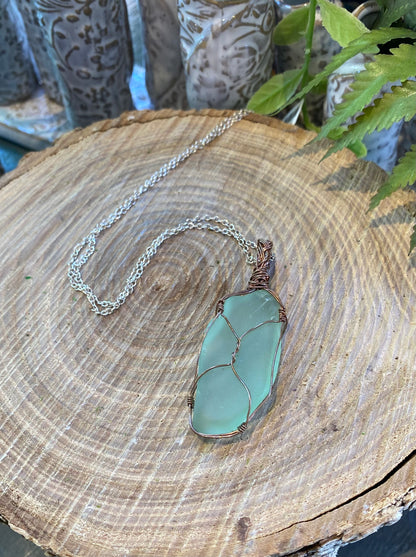 Bronze/Copper Wrapped Uranium Glass Necklace #IV115