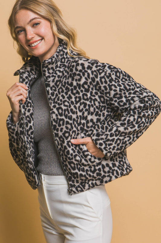 Animal Print Jacket with Side Pockets - Black