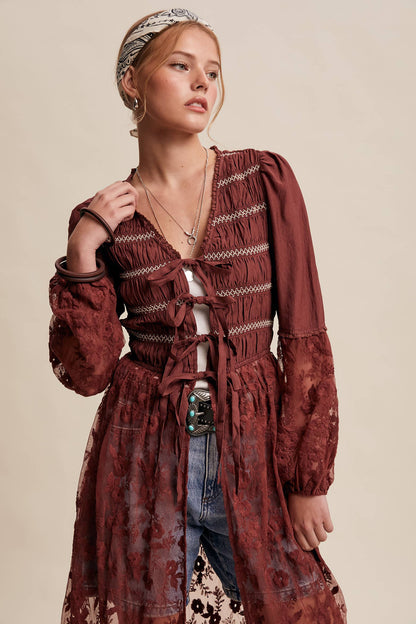 Lace-Up Embroidered Maxi Kimono - Wine
