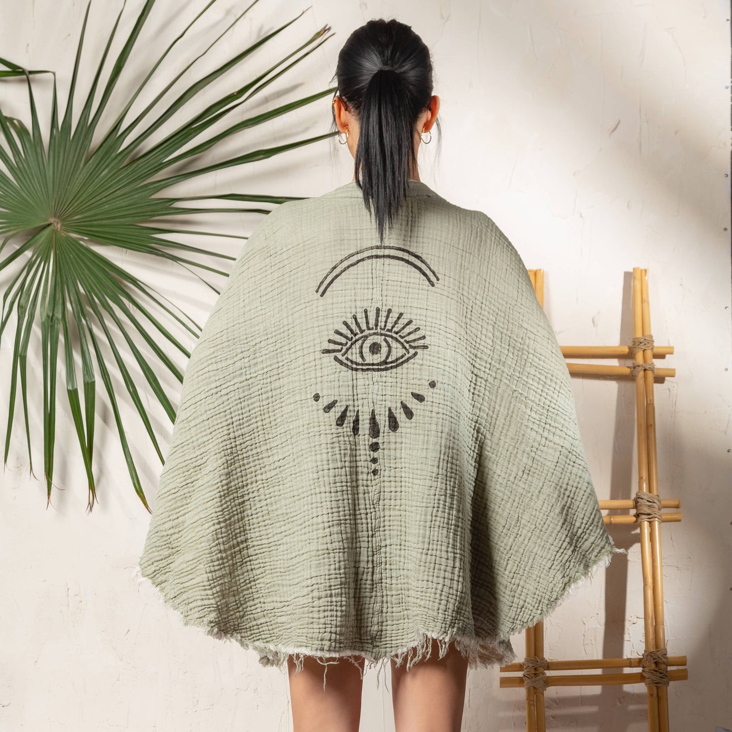 Evil Eye Muslin Kimono Robe / Poncho - Green