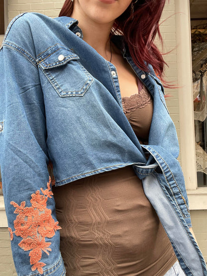 Crop Denim Jacket with Rust Lace*