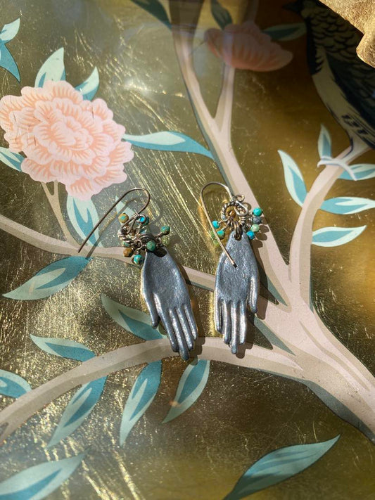 Pewter Hands with Turquoise Earrings* E212