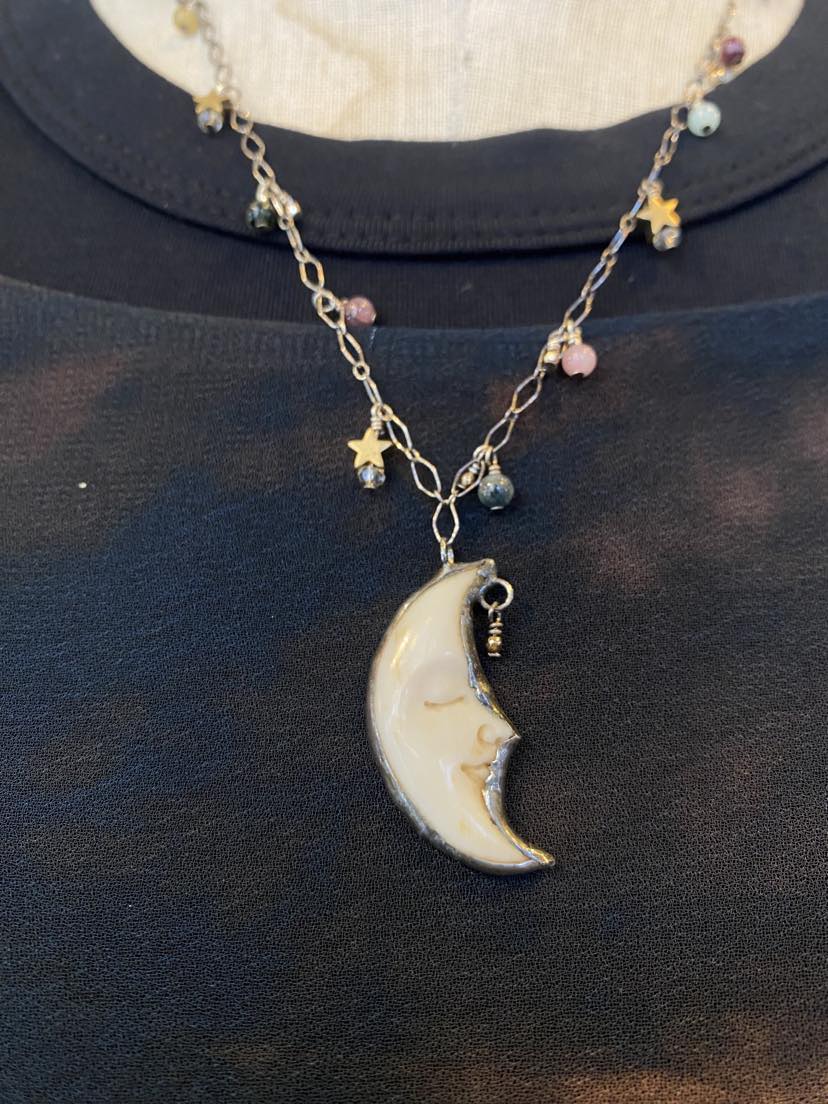 Carved Moon with Star and Tourmaline Necklace * N210
