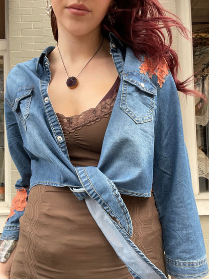 Crop Denim Jacket with Rust Lace*