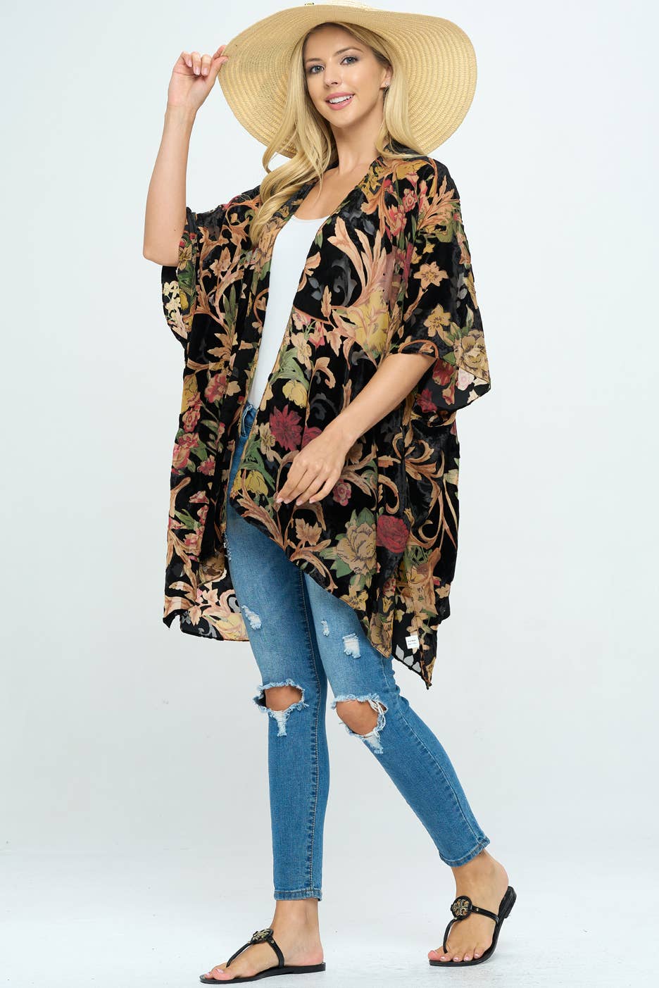 Floral Print Velvet Kimono