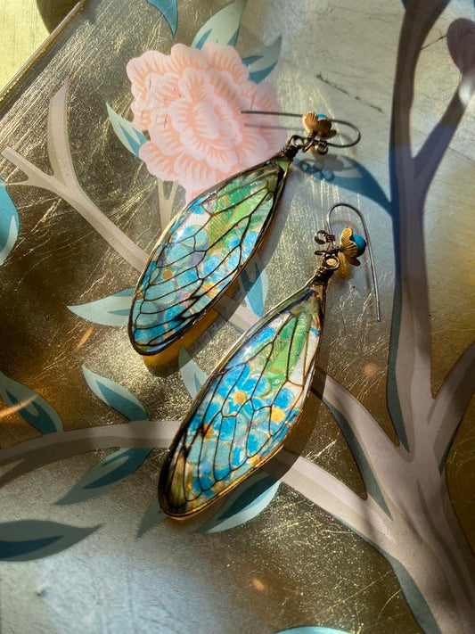 Cicada Wing with Vintage Postcard Earrings* E206
