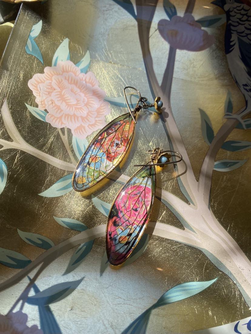 Cicada Wing with Vintage Postcard Earrings* E205