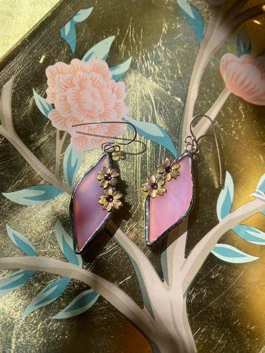 Pink with Flowers Stained Glass Earring* E219