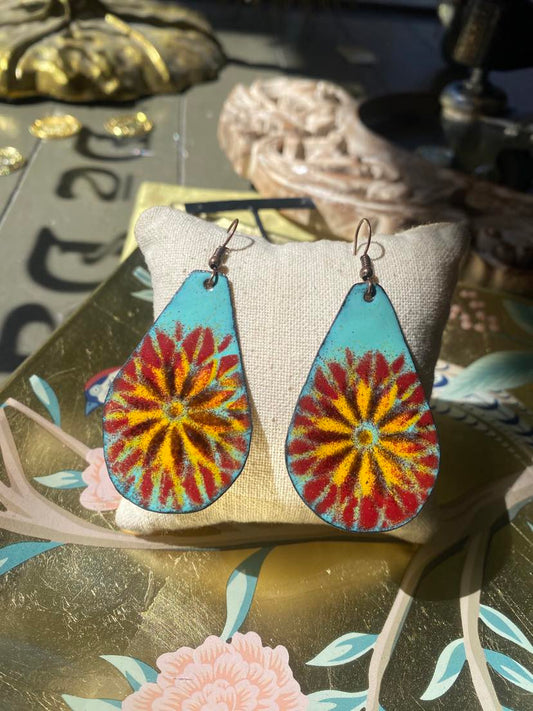 Teal with Red &Yellow Flowers Dangly Earrings *HH15