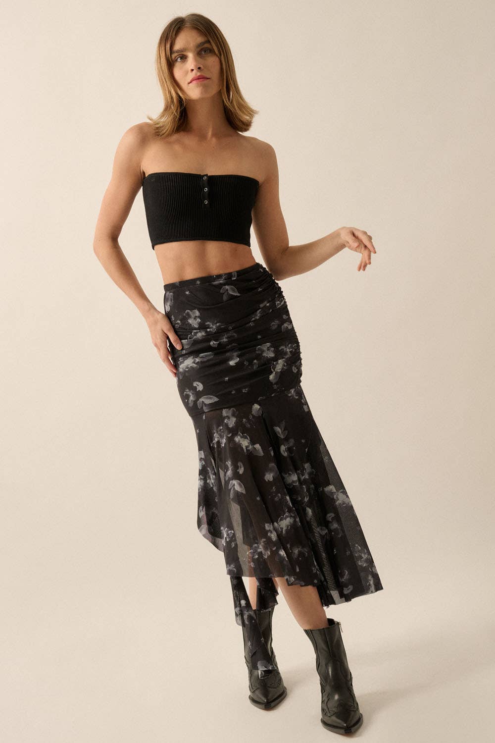 Floral Knit Tiered Asymmetrical Midi Skirt - Black