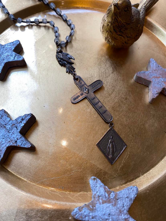 Vintage Glass and Bronze Cross Necklace