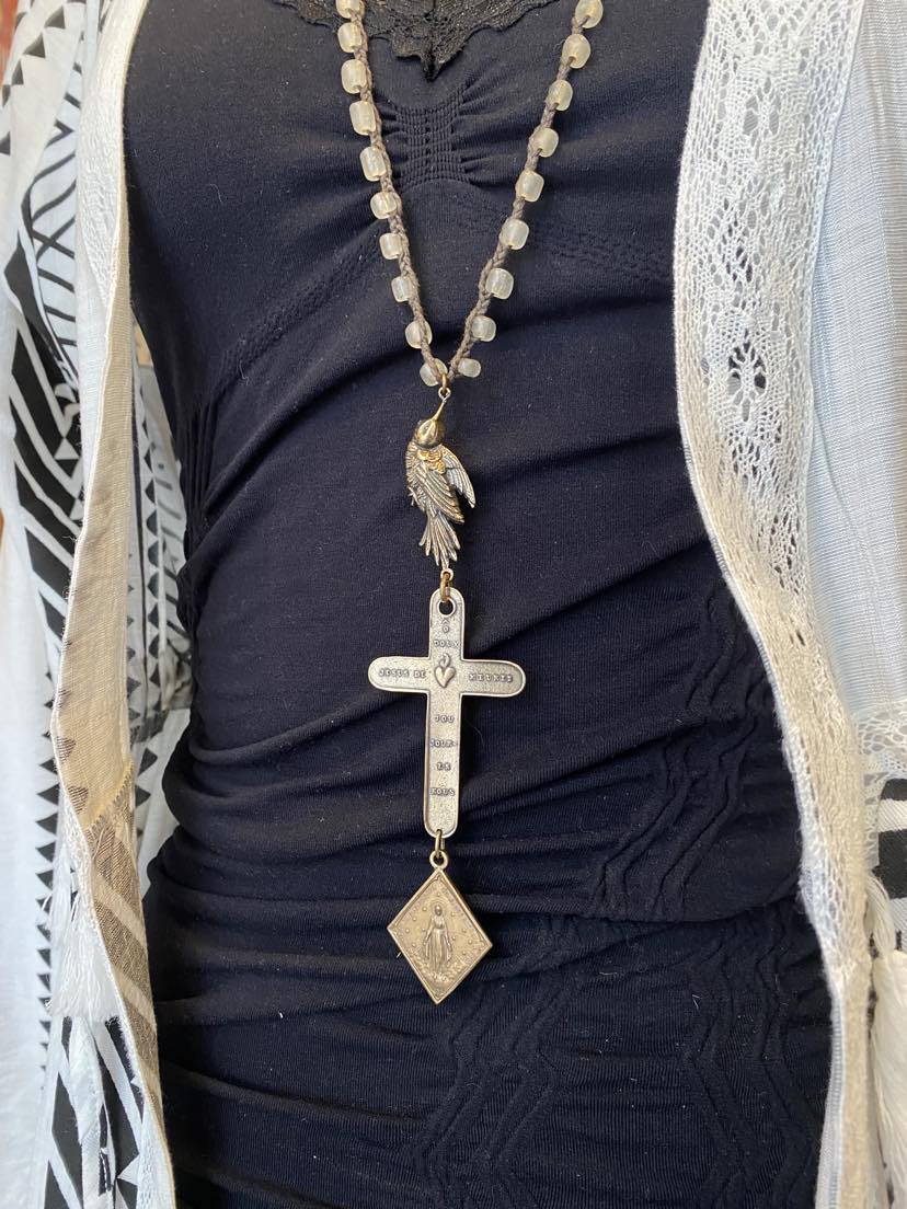 Vintage Glass and Bronze Cross Necklace
