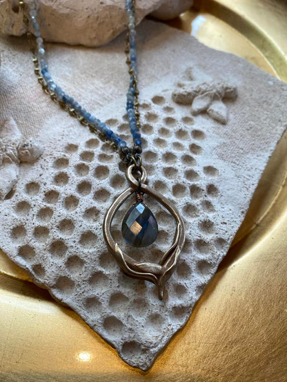 Bronze and Labradorite Drop with Aquamarine Chain Necklace