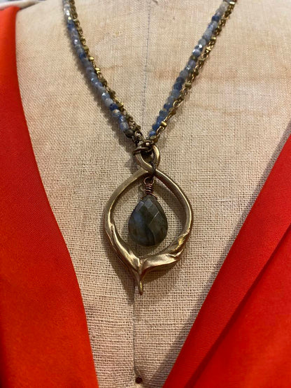 Bronze and Labradorite Drop with Aquamarine Chain Necklace