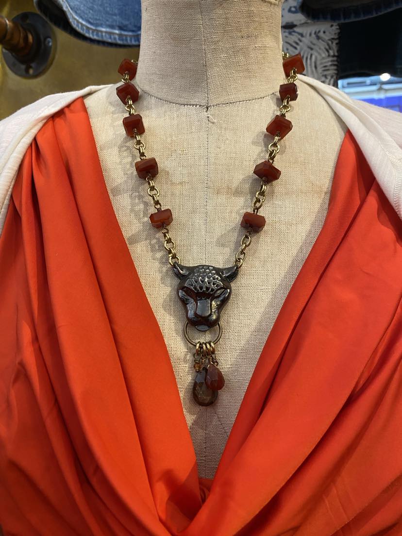Bronze Leopard Red Onyx & Sapphire Tear Drop Necklace