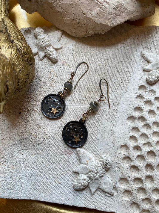 Cast Bronze with Stars and Labradorite Earrings