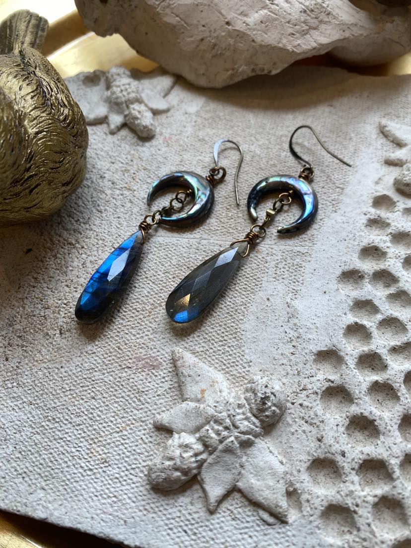 Abalone Moons with Labradorite Drop Earrings