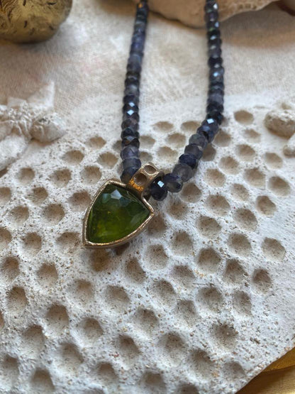 Peridot and Bronze Pendant with Iolite Chain Necklace