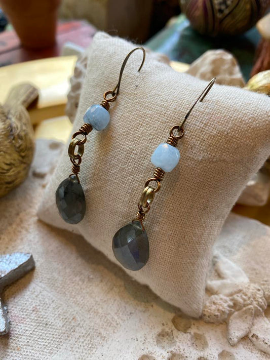Labradorite Drops with Aquamarine Earrings