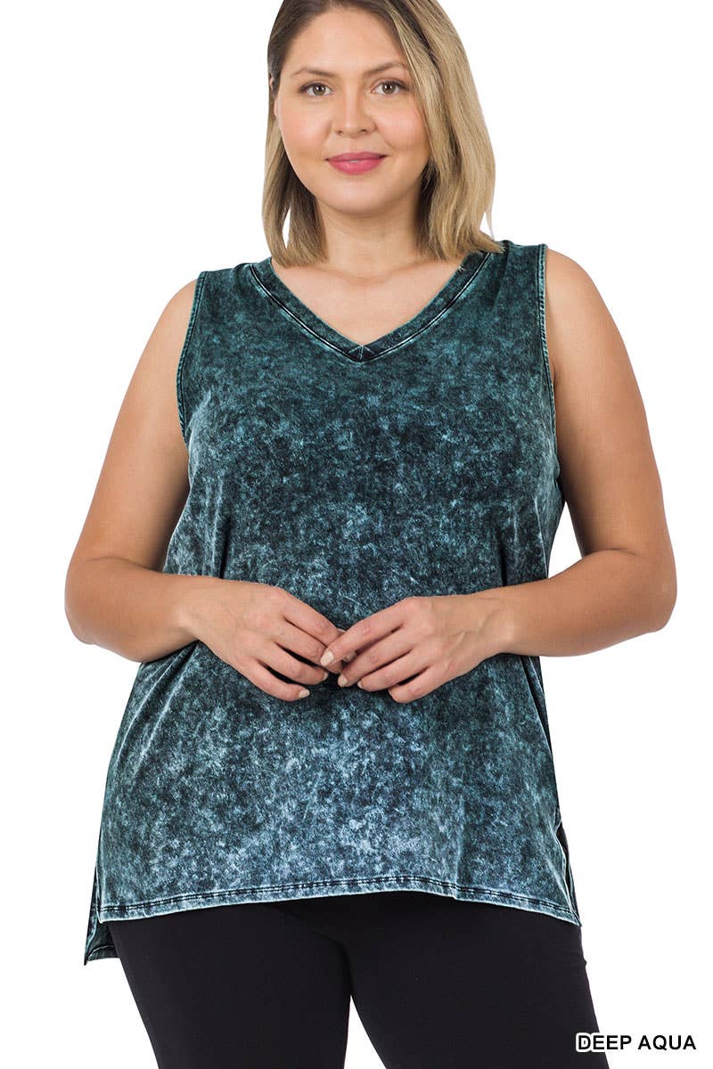 Plus size Mineral Wash Top w/ Side Slit - DEEP AQUA