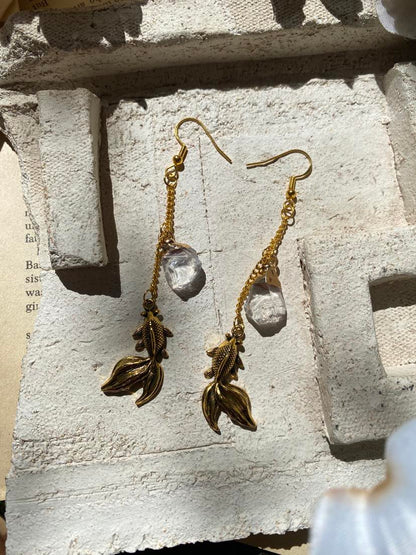 Gold Fish with Clear Quartz Earrings* #IV47