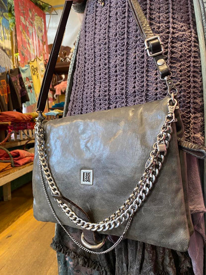 Grey with Chains Leather Purse - Text