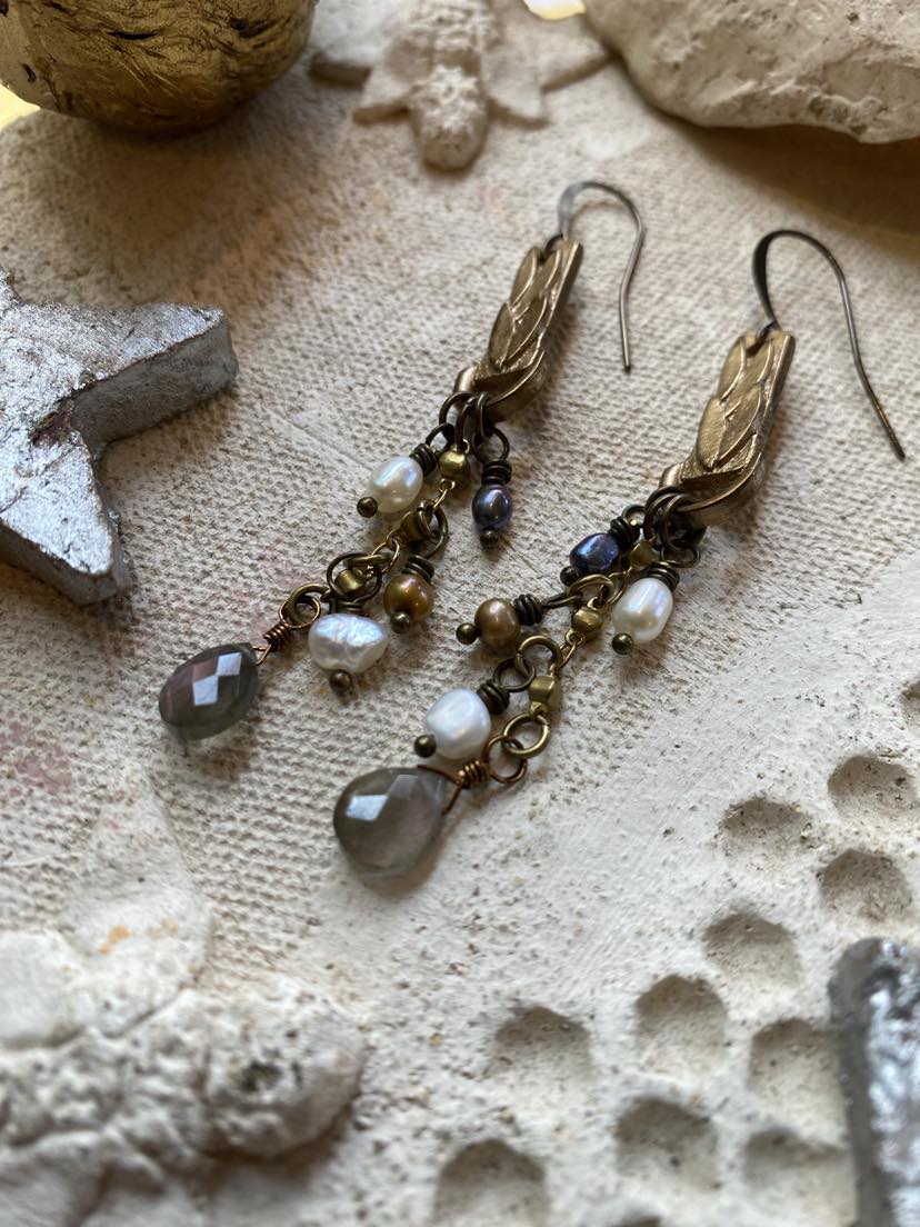 Gold Bar with Dangly Pearls & Labradorite Earrings