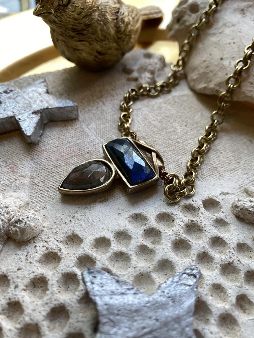 Double Blue & Purple Labradorite Cast Bronze Necklace
