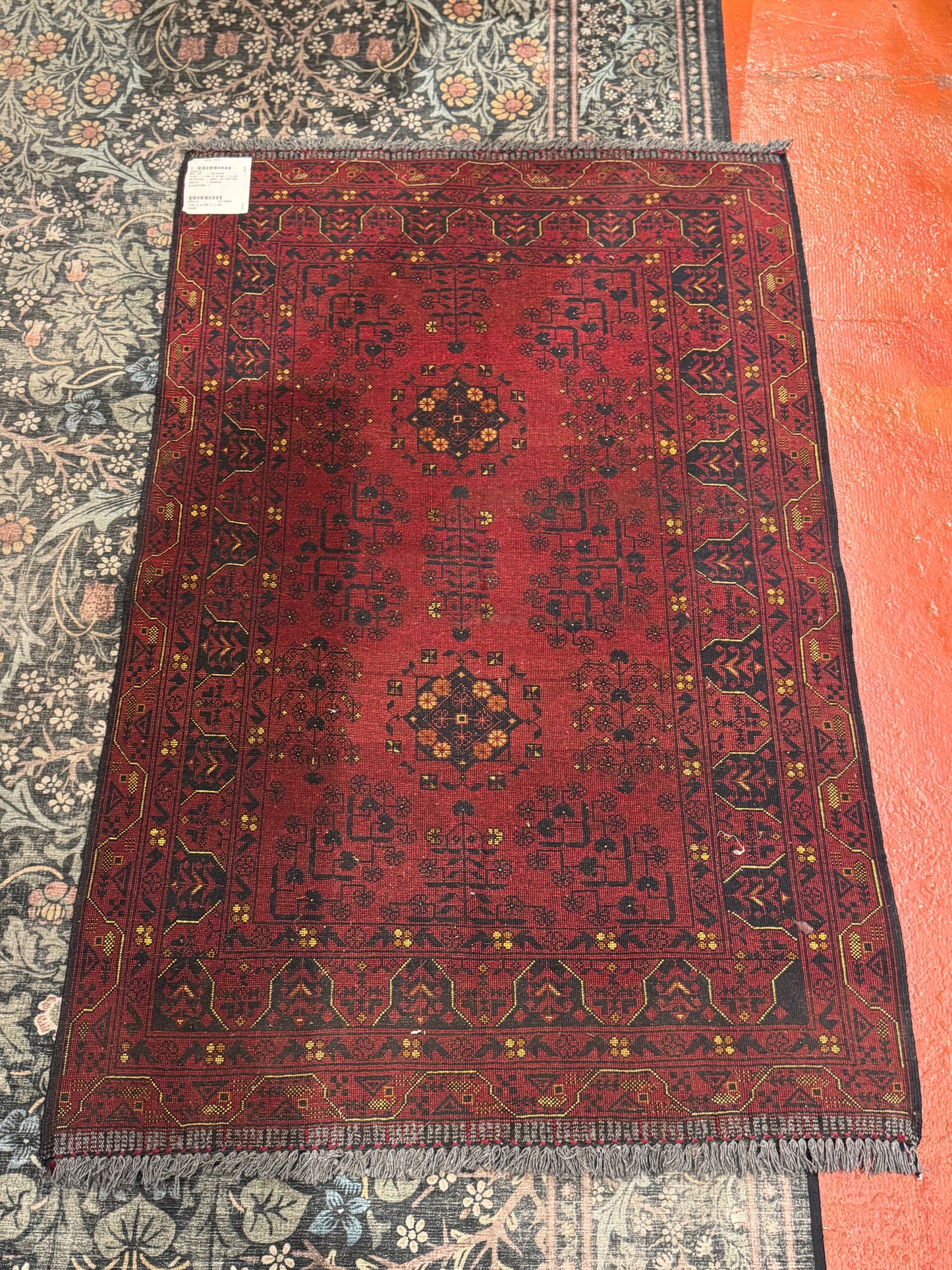 Handmade Wool Area Rug - Red & Yellow Floral Print