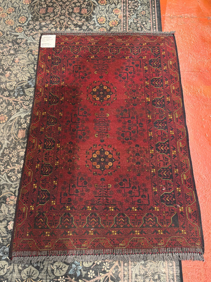Handmade Wool Area Rug - Red & Yellow Floral Print