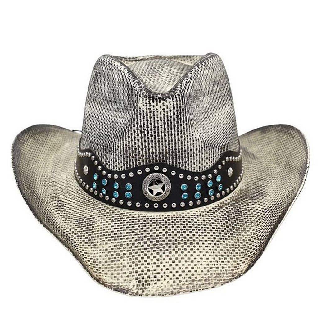 Rustic Straw Cowboy Hat With Silver And Turquoise Studs Faux