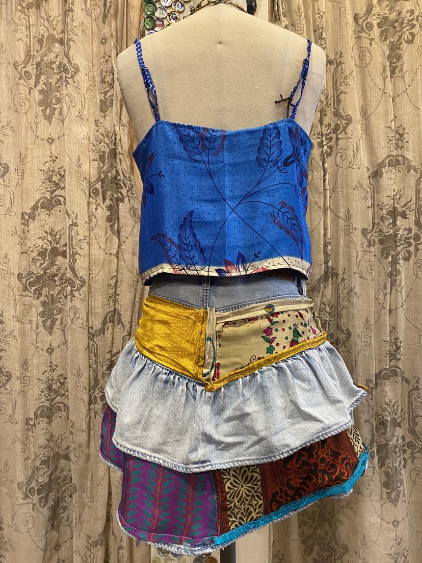 Denim Mini Skirt Sari Fabric Panels* #29