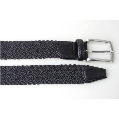 Mens Thick Braided Stretch Woven Fabric Belt w/ Leather Trim - Black